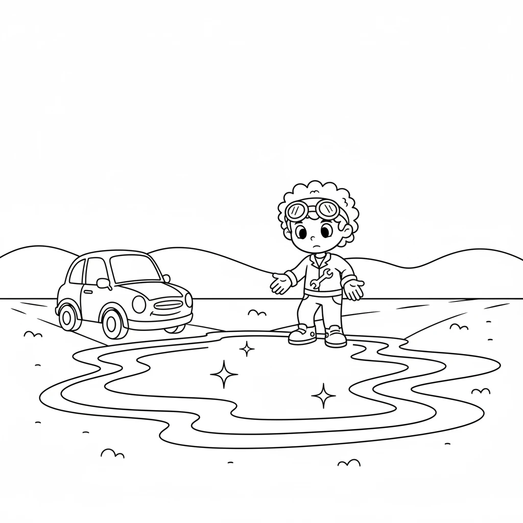 They found a giant, sparkling puddle blocking their way home. Sparky knew they couldn't drive through it, and it was too wide to jump.