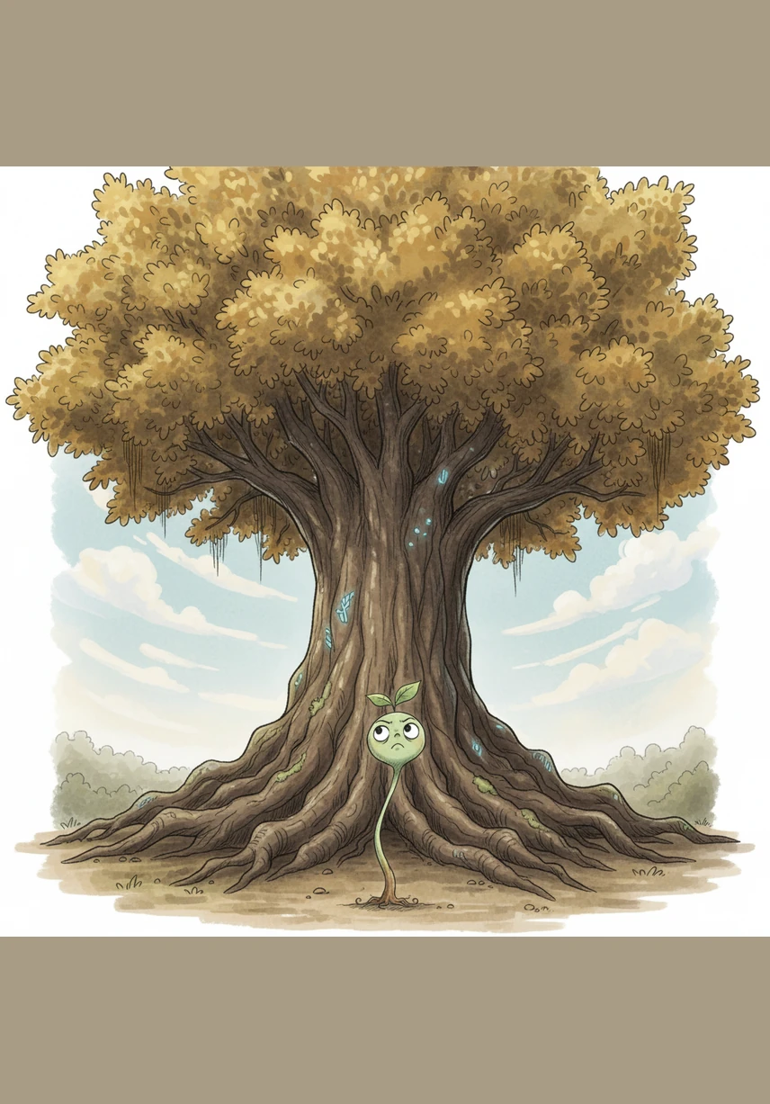 Pip the tiny sapling stood at the foot of a massive oak tree, looking up at the distant sky with impatient eyes. He wiggled his two small leaves, wishing he could reach the clouds as quickly as the birds fly.