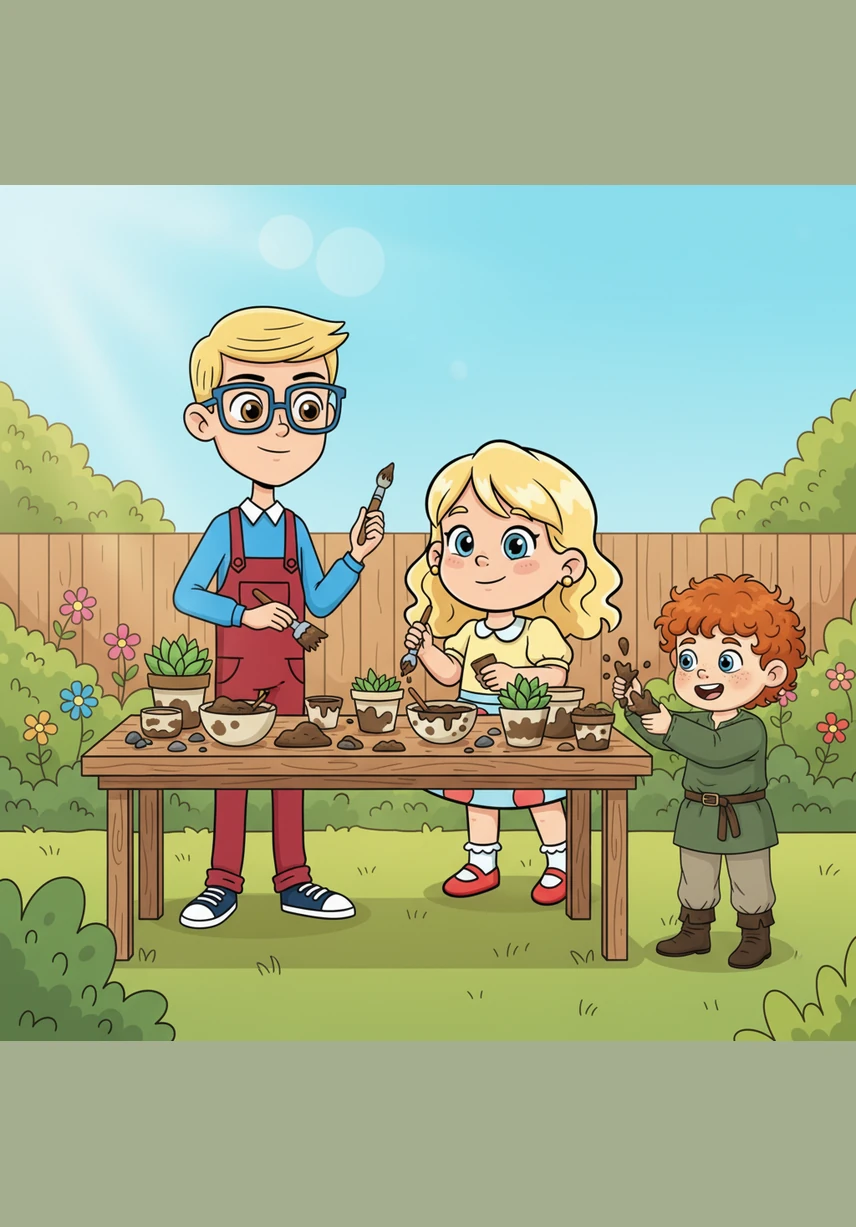 The sun rises over the rolling emerald hills of rural Ireland, bathing a cozy stone cottage in soft morning light. Daithi, a tall and skinny eight-year-old with blonde hair and blue glasses, stands at the garden gate holding a hand-drawn map of the farm.