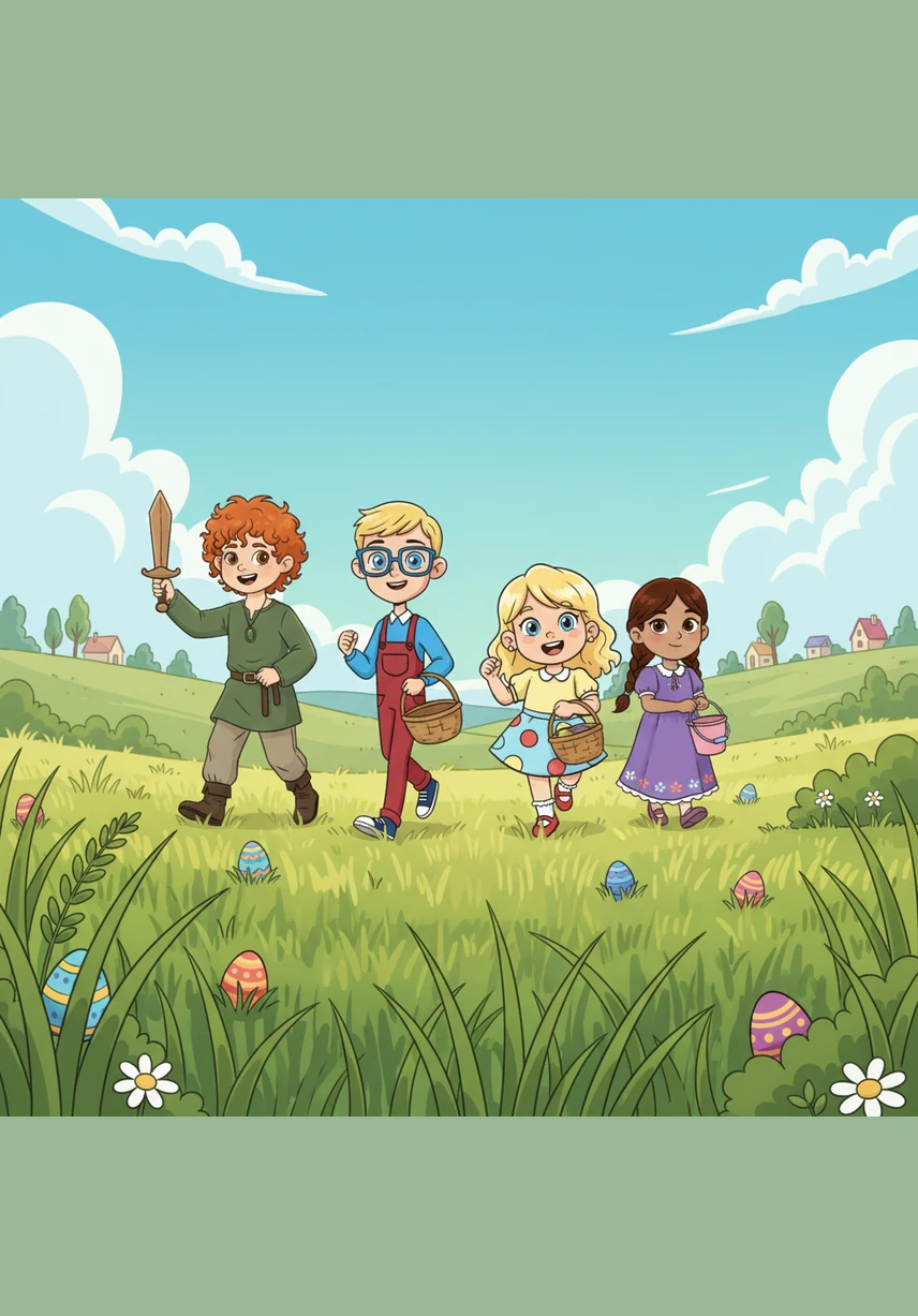 The Easter hunt begins as the four children march into the tall grass, their wicker baskets swinging. Five-year-old Oisin follows closely behind his big brother, his green glasses perched on his round face as he scans the hedgerows for a splash of color.