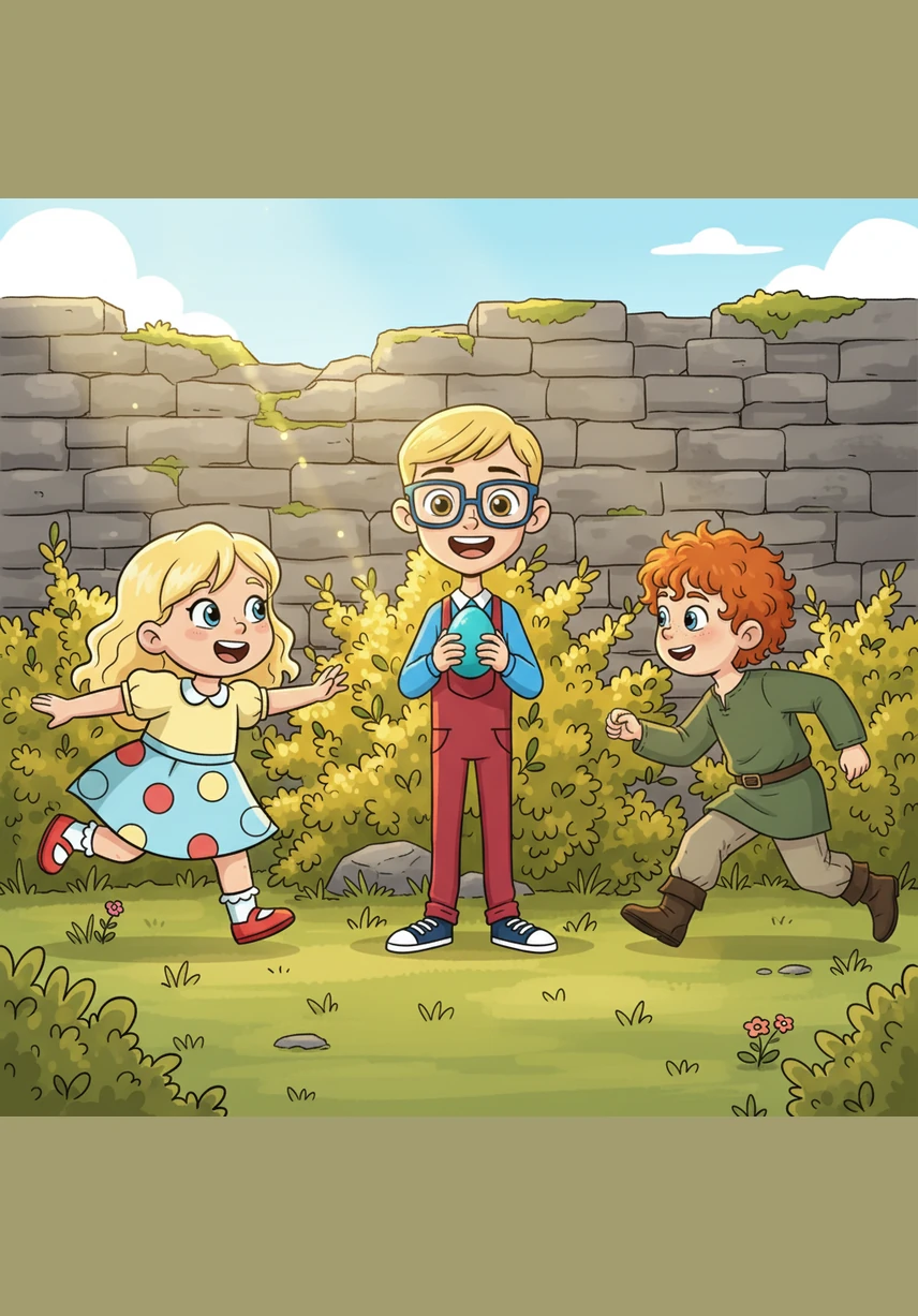 Near an old stone wall, Oisin lets out a cheer as he discovers a bright blue egg hidden behind a cluster of yellow gorse bushes. He holds it up proudly, his short blonde hair glowing in the sunlight while his siblings rush over to see his prize.