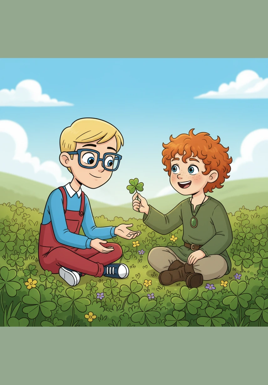 In a soft patch of clover, baby Tadhg sits contentedly with his wispy baby hair ruffling in the gentle breeze. Daithi kneels down and gently places a large, speckled egg right between the baby's feet, making Tadhg clap his tiny hands in delight.