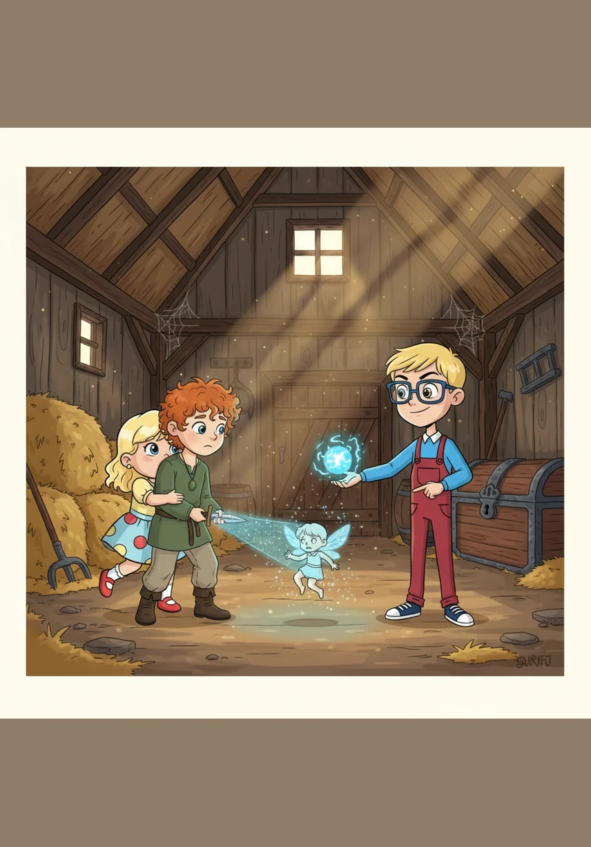 The adventure leads them to the old thatched-roof barn, where the air smells of sweet hay and spring rain. The children peek behind rusted milk churns and wooden crates, their shadows stretching long across the dusty floor as they search for hidden treasures.