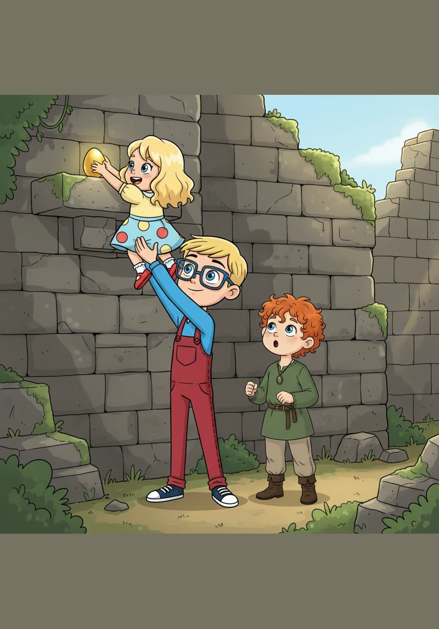 Daithi shows his leadership by lifting Malliadh high into the air so she can reach a golden egg perched on a high stone ledge. Oisin watches with wide eyes, impressed by his brother's strength and his sister's bravery.
