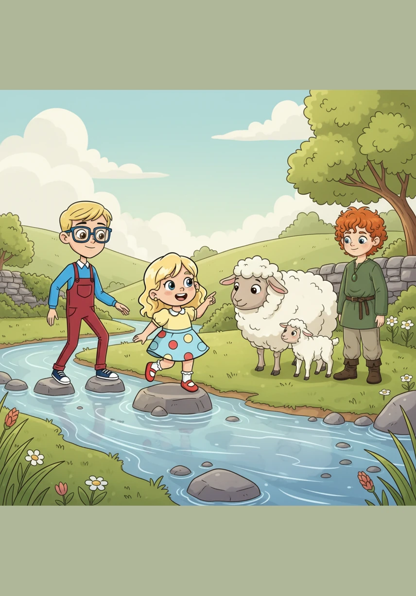 As they cross a bubbling brook, the siblings encounter a woolly mother sheep and her wobbling lamb. The children pause their hunt to say a quiet hello, feeling the magic of springtime in the quiet Irish countryside.