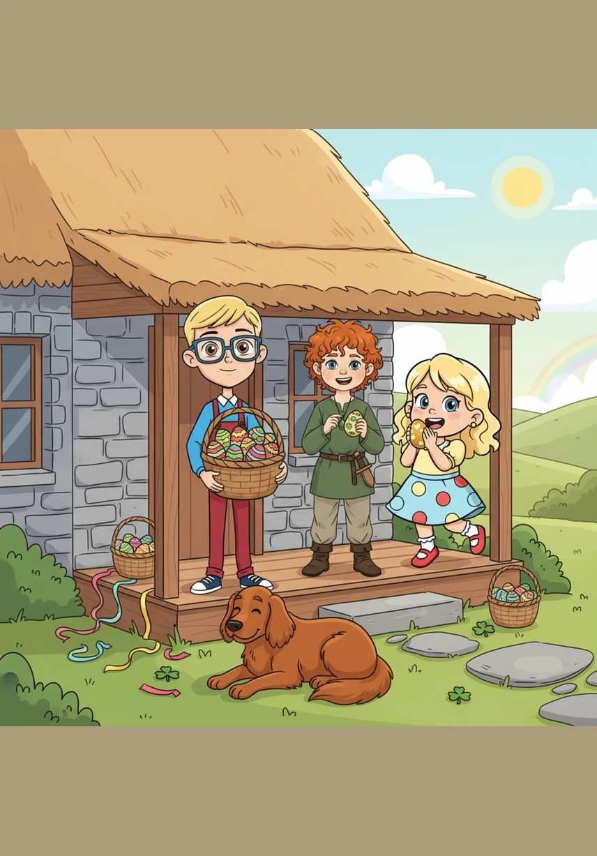 Back on the cottage porch, the family huddles together to share their sweet discoveries. Baby Tadhg has chocolate on his chin, and the older children laugh as they recount their favorite parts of the great Irish egg hunt under the fading twilight.