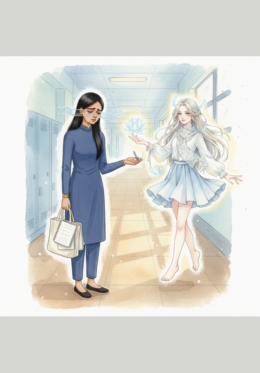 Tears blur Harnoor’s vision as she stands in the school hallway, cast out for her empty notebooks after a long holiday. A girl named Sheij approaches like a small angel, offering a tiny, two-inch pencil stub so they can both write their stories together.