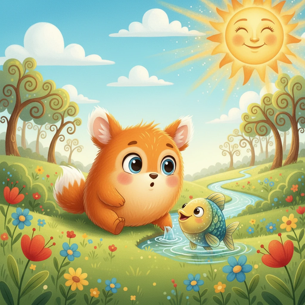 Reaching the stream, Zest cautiously dipped a paw in the cool water. Suddenly, a friendly, shimmering fish popped its head out. The fish, named Sparkle, greeted Zest with a cheerful hello.