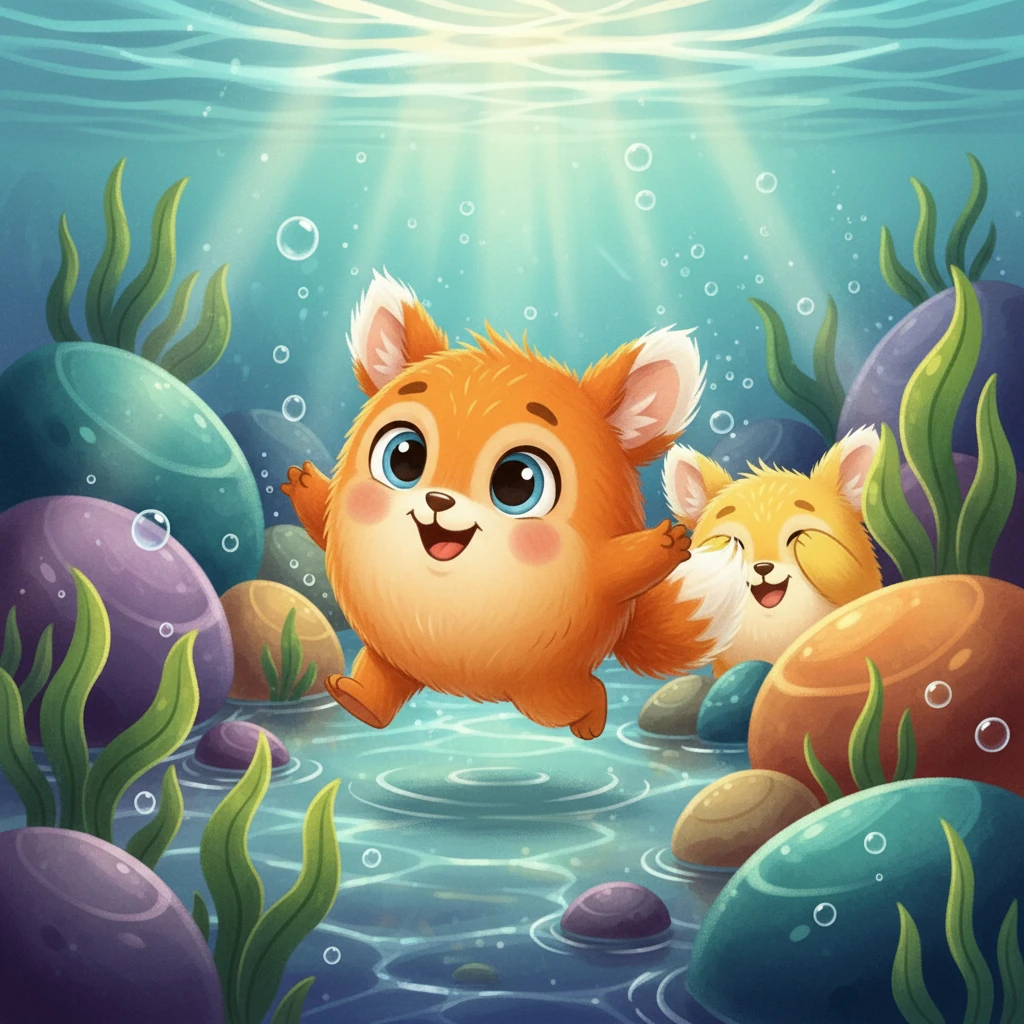 Sparkle invited Zest to play hide-and-seek among the smooth, colorful stones at the bottom of the stream. Zest giggled, diving in and joyfully searching behind the rocks and plants. The stream was full of laughter!