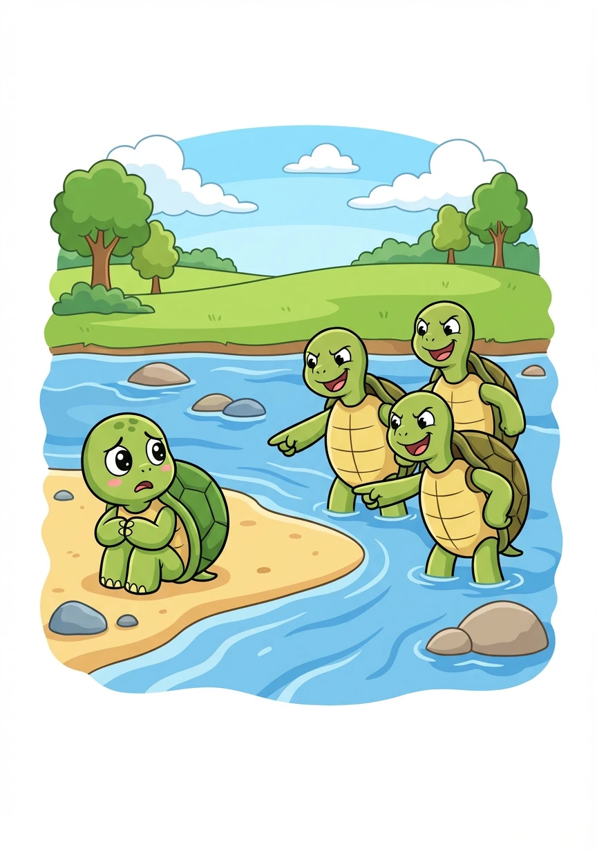 Las otras tortugas se burlaban de Carmela. Decían que era una cobarde y que nunca sería una verdadera tortuga si no nadaba en el río.