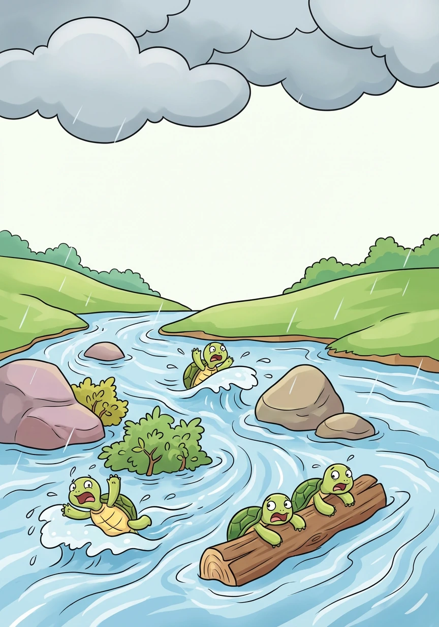 Un día, el río creció mucho después de una fuerte lluvia. Las otras tortugas, orgullosas de su habilidad para nadar, se adentraron demasiado y fueron arrastradas por la corriente.