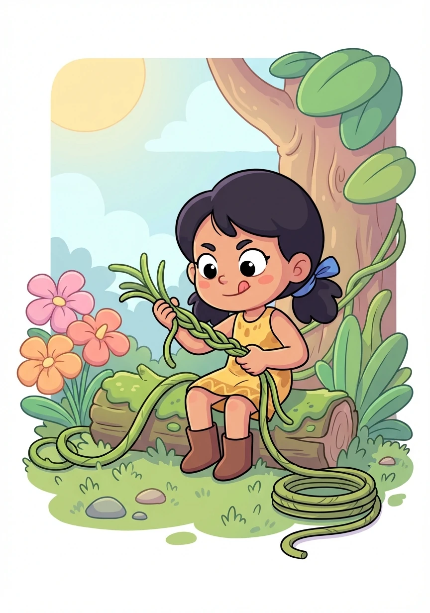 Recordó que su abuelo le había enseñado a hacer una cuerda con lianas. Rápidamente, buscó lianas fuertes y comenzó a tejer una larga cuerda.