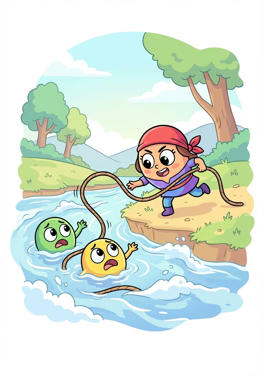 Con la cuerda lista, Carmela se acercó a la orilla del río, temblando de miedo. Lanzó la cuerda a sus amigas que luchaban contra la corriente.