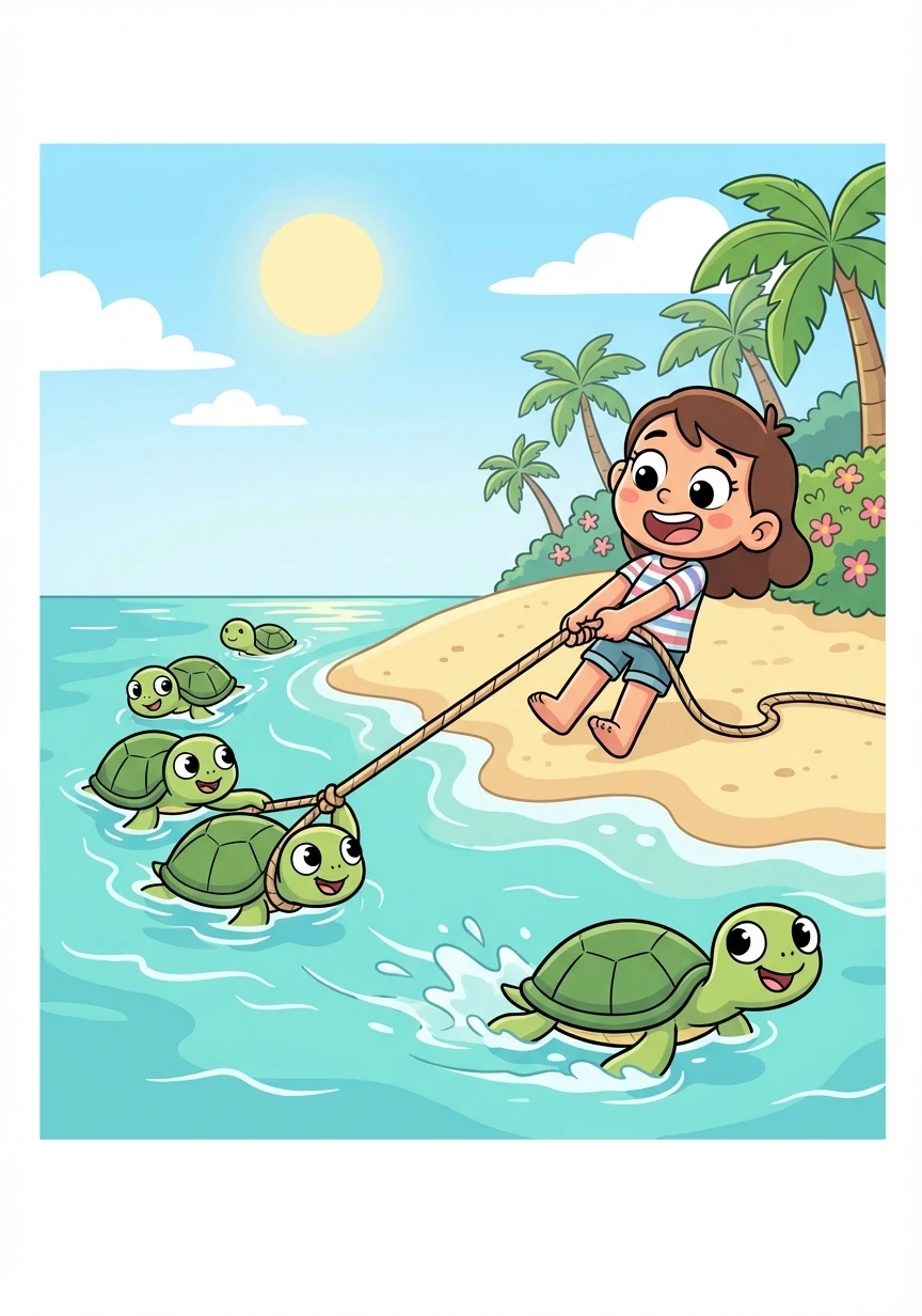 Las tortugas pudieron agarrarse a la cuerda y Carmela, con toda su fuerza, las jaló hacia la orilla, una por una.