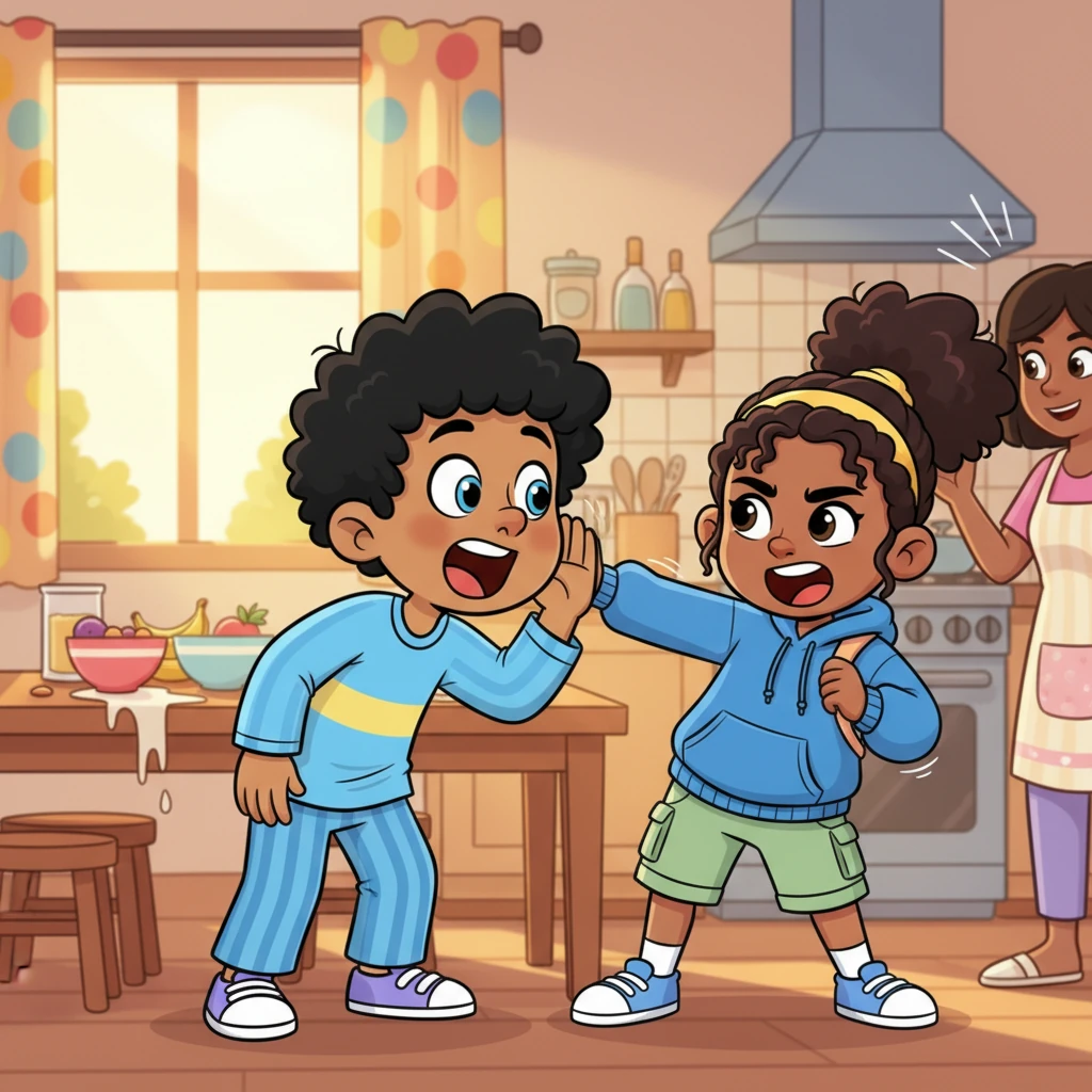 Mak, with wide, excited eyes, leans into Layla, whispering about the scary midnight rumors, while Layla, with a defiant smirk, playfully shoves him, yelling she isn't scared. Their mom, a whirlwind of cheerful energy, calls from off-panel, her voice echoing through the bright, cozy kitchen, reminding them about school.