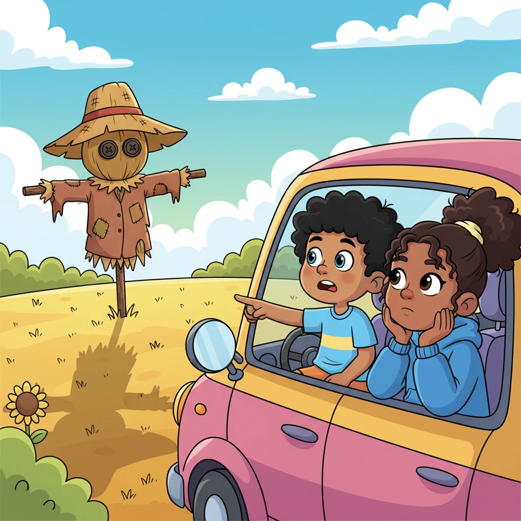 In their zippy, colorful car, Layla gazes out the window with a thoughtful expression, while Mak points a nervous finger at a tall, menacing scarecrow standing eerily still in a field. Its straw hat is tipped low, and its button eyes seem to follow them, casting a long, strange shadow against the vibrant morning sky.