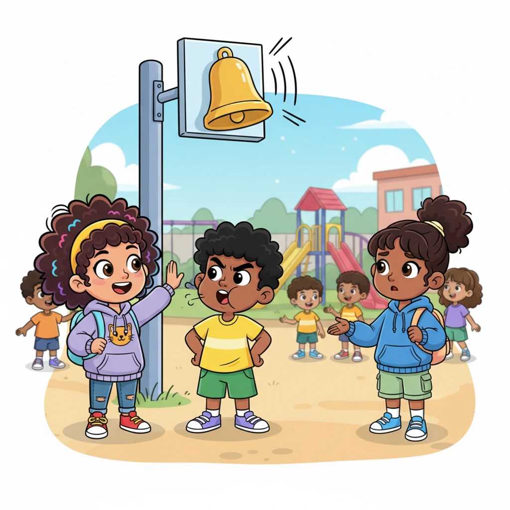 At the bustling schoolyard, Layla and Ivy chat happily, while Mak high-fives JJ, who is puffed up with bravado, declaring he'll stay up past midnight. Ivy quietly expresses concern, which JJ dramatically interprets as a dare, his cartoonish face full of exaggerated challenge, just as the school bell rings with a cheerful clang.