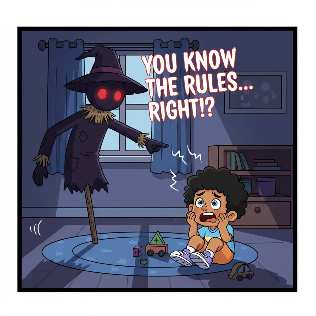 JJ sits alone in his dimly lit room, boredom etched on his face, when a sudden, thunderous BANG makes him jump, eyes wide with fear. A shadowy, elongated scarecrow figure with glowing red eyes materializes in the corner, its voice a chilling whisper: "YOU KNOW THE RULES... RIGHT!?" JJ screams, his face contorted in terror.