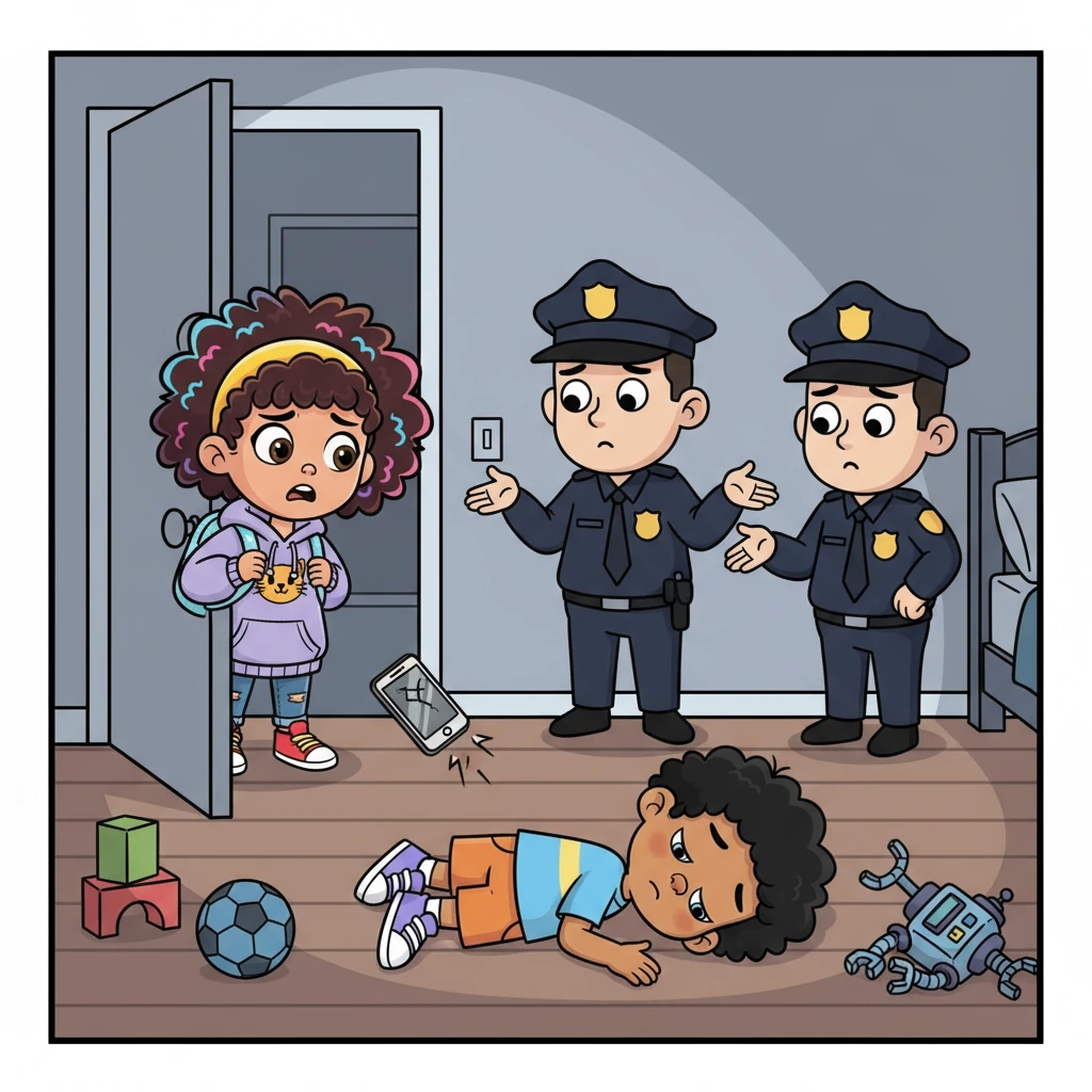 JJ's mom, her face creased with worry, cautiously peeks into his silent room, then gasps, dropping her phone, as she sees her son motionless on the floor. Police officers, with their serious, simplified expressions, arrive quickly, but one shrugs helplessly, explaining they can't act without a suspect, leaving her distraught.