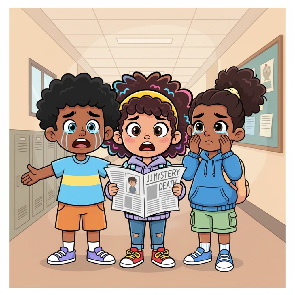 Layla, Mak, and Ivy huddle together at school, their faces etched with sadness, as Layla clutches a newspaper with a headline about JJ's mysterious death. Ivy's eyes well up, and Mak cries out in disbelief, realizing the terrifying connection to JJ's midnight dare, prompting Layla to invite Ivy over for a serious discussion.
