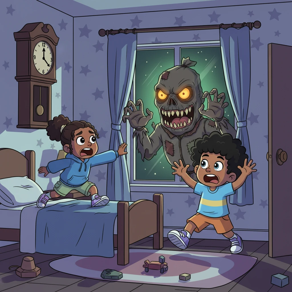 Inside Layla and Mak's cozy bedroom, the clock ticks ominously towards midnight, casting long, nervous shadows. Suddenly, a monstrous scarecrow face, with glowing eyes and a gaping, toothy grin, presses against the windowpane, its straw hands reaching. The children shriek in horror, scrambling to their feet to flee to their mom's room.