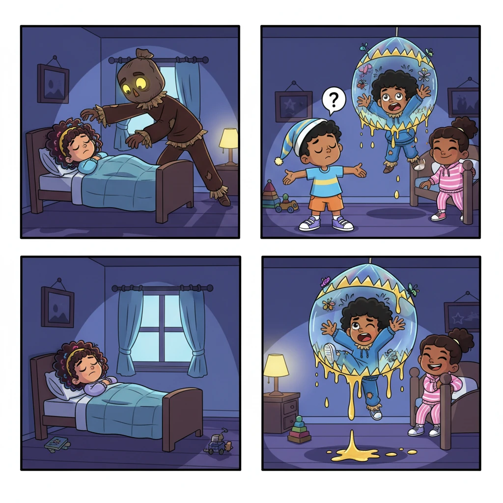 As night falls, Layla lies perfectly still in her bed, "fake sleeping," while the scarecrow's shadowy form looms over her, its eyes peering closely before moving on. Mak, meanwhile, 'sleepwalks' around his room, confusing the scarecrow into thinking he's harmless. In Ivy's room, the scarecrow thrashes, caught in a giant, sticky fly trap, roaring in frustration about their cleverness.