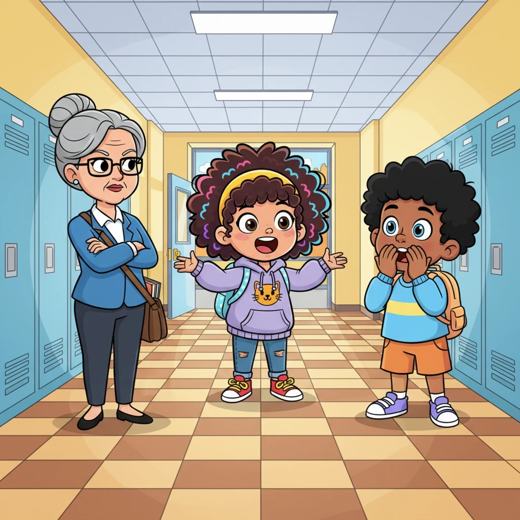 The next morning at school, Ivy animatedly recounts how her trap worked, while Layla and Mak, with wide-eyed expressions, describe their terrifying 'fake sleep' encounters. Mrs. Lafave, a stern but kindly teacher, bustles into the hallway, her arms crossed, reminding the startled trio to get to class, leaving the lingering threat of the scarecrow hanging in the air.