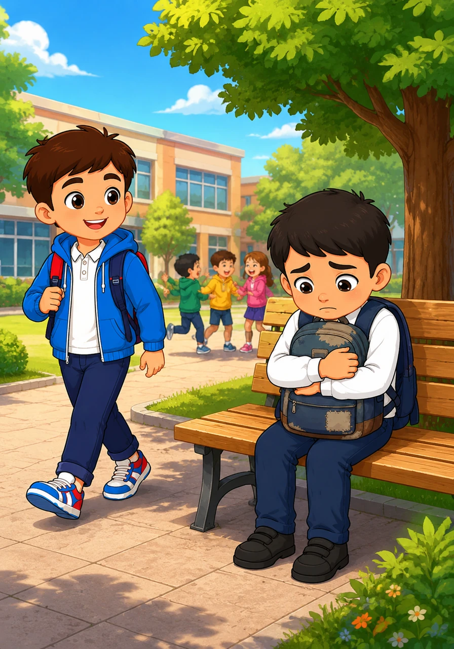 On a sunny morning, Aidar arrived at school with a bright smile on his face. He noticed a new student named Sanzhar sitting all alone on a wooden bench, looking very lonely while the other children played together.