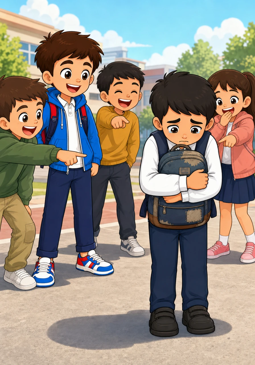 A small group of children gathered around Sanzhar, laughing and pointing at his worn-out backpack. Sanzhar looked down at his shoes, trying his best to hide the tears forming in his eyes as he clutched his bag tightly.