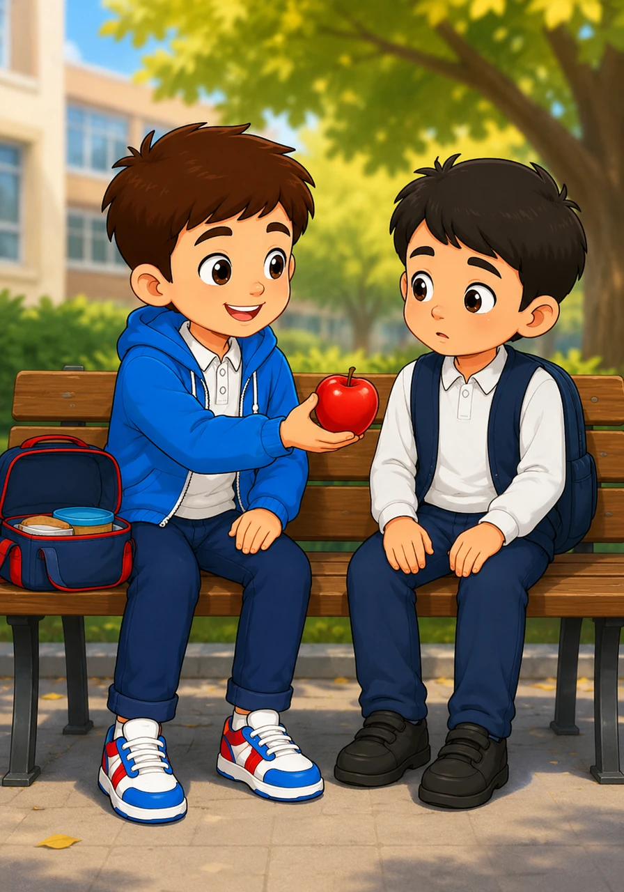 Without hesitation, Aidar walked over to the bench and sat down right next to Sanzhar. He reached into his lunch bag, took out a bright red apple, and offered it to his new classmate with a warm, friendly smile.