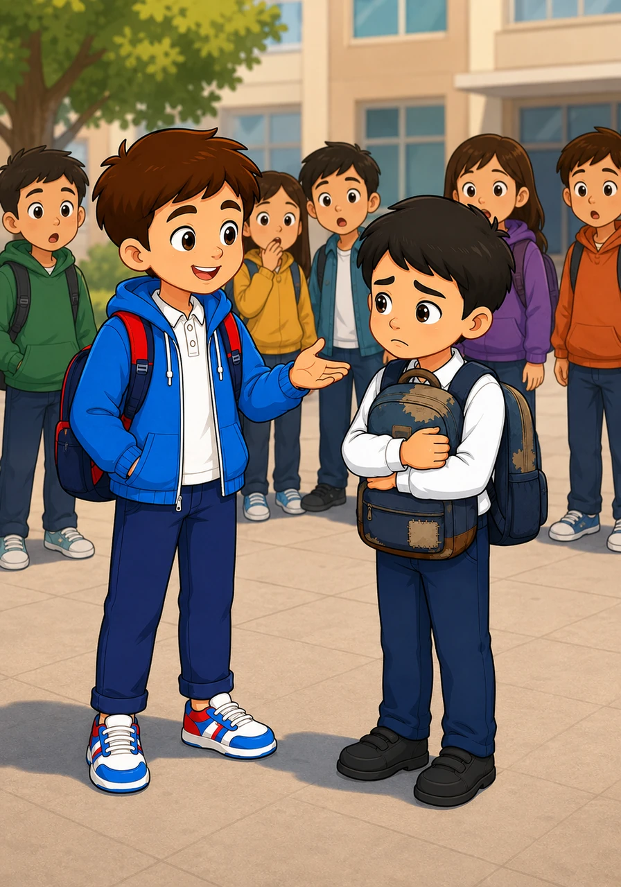 The children who were teasing Sanzhar stopped their laughter and watched the two boys in surprise. Aidar ignored the crowd and started a gentle conversation, asking Sanzhar about his favorite games and his first few days at the new school.