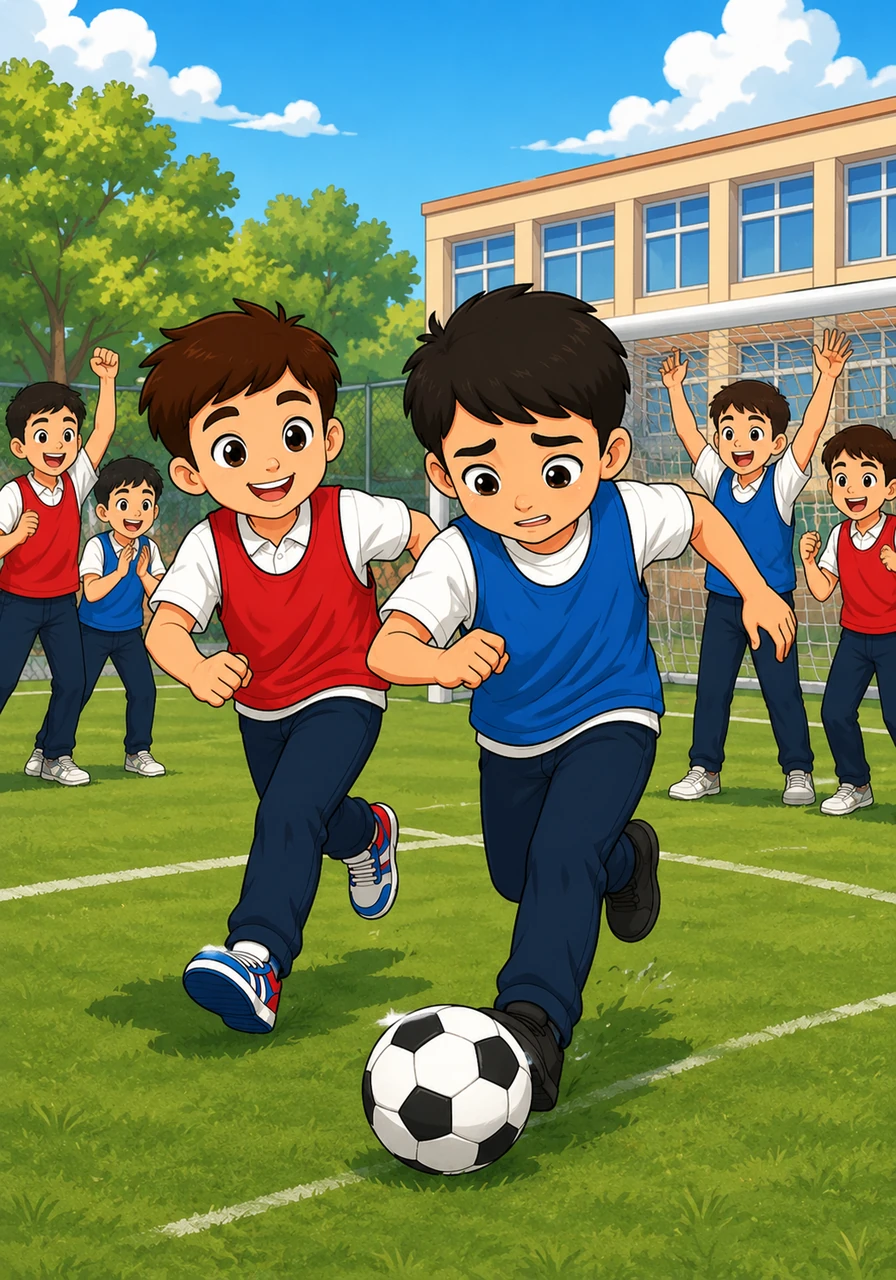 The next day during physical education, Aidar made sure to be the first to invite Sanzhar to join their football team. The other students saw how fast and skilled Sanzhar was on the field and began to cheer for his great plays.