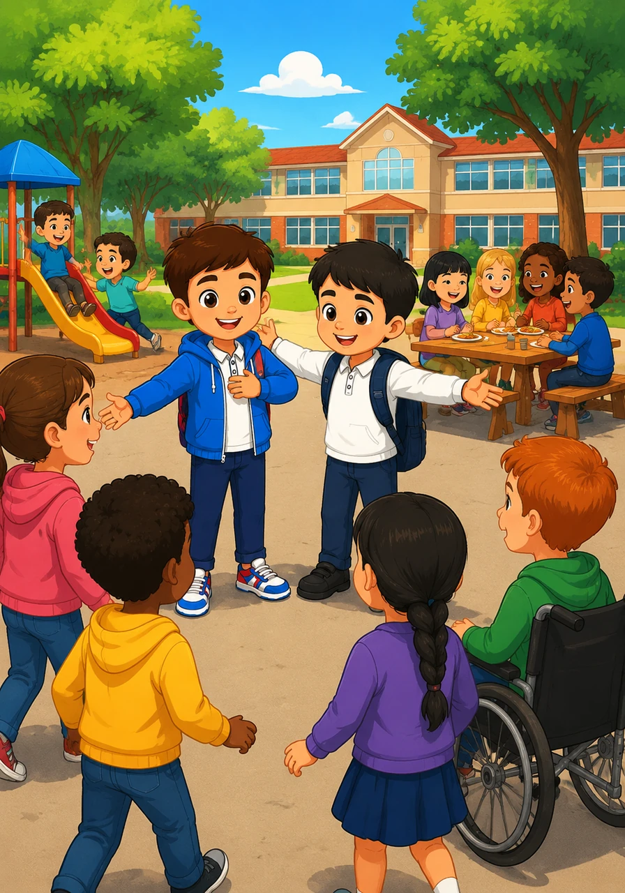 The atmosphere in the classroom began to change as more children followed Aidar’s brave example of kindness. No one sat alone during lunch anymore, and the playground became a place where everyone was invited to play together in harmony.