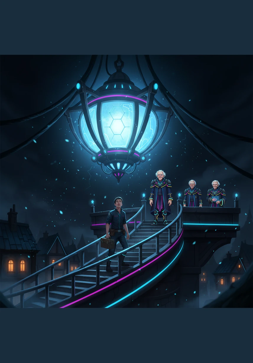 In a world swallowed by an eternal, ink-black night, the town of Oakhaven survives under the radiant glow of a single, massive iron lamp. Young Elian, the newest apprentice, climbs the winding stone stairs to begin his nightly vigil at the Great Lamp's base.