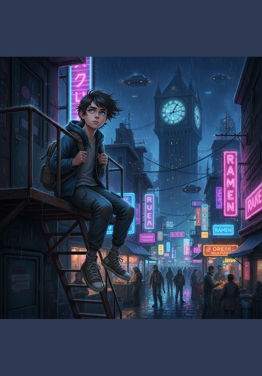 The lamp casts a warm, honey-colored light over the cobblestone streets, keeping the terrifying whispers of the outer darkness at bay. Elian watches the townspeople below, noting how they always wear serene, untroubled smiles as they go about their lives.