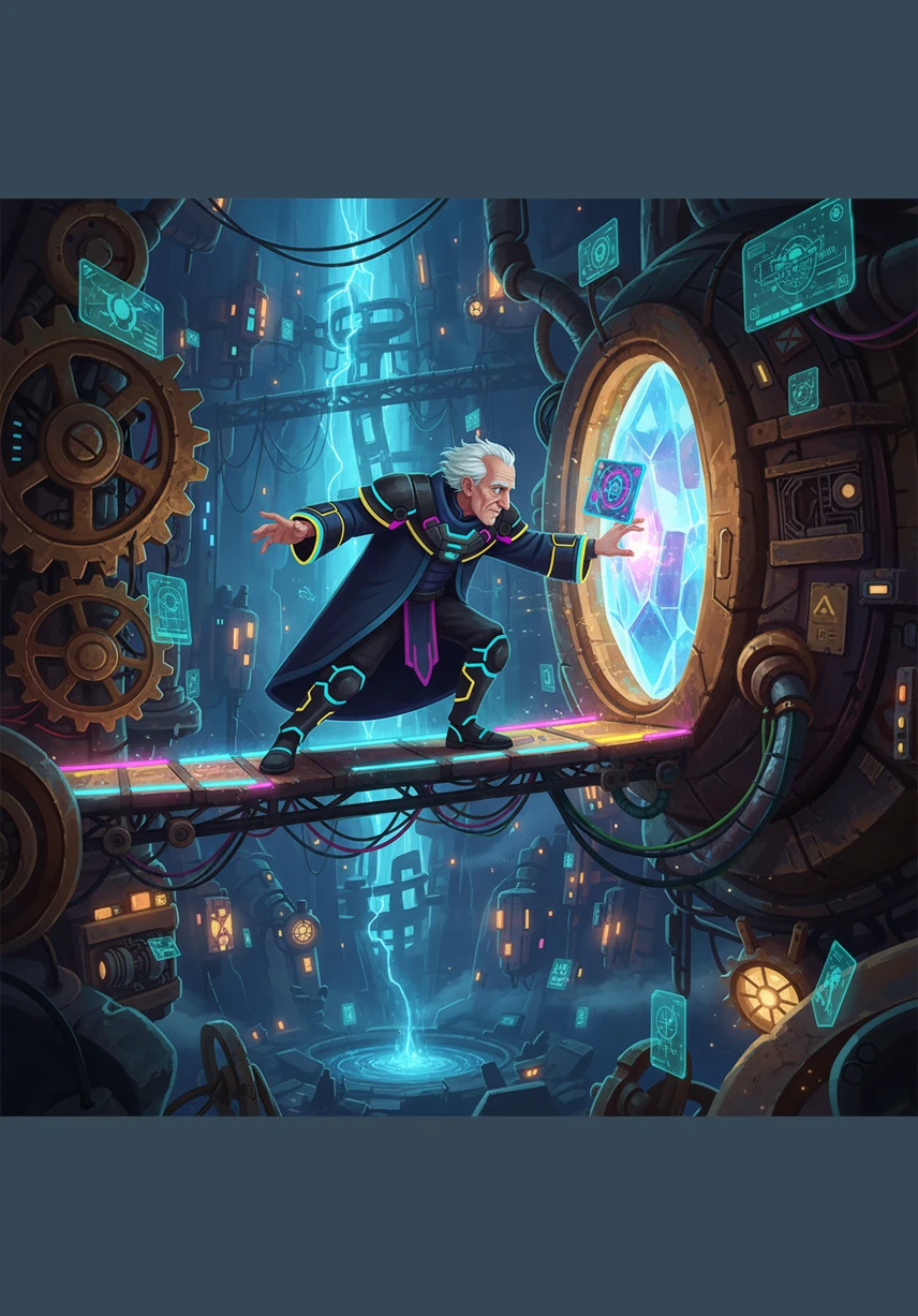 Deep within the lamp's machinery, Elian observes the Elders pouring shimmering, iridescent mist from crystal vials into the burning core. This mysterious fuel makes the flames roar with a brilliance that feels almost unnaturally sweet and heavy.