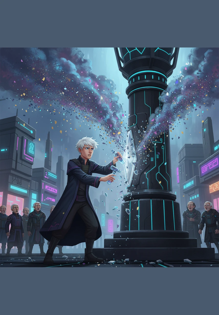 With a trembling hand, Elian smashes the vials against the Great Lamp, releasing a cloud of bittersweet memories that rains down upon the town like soft soot. The brilliant golden light flickers and dims, replaced by a soft, natural silver glow.