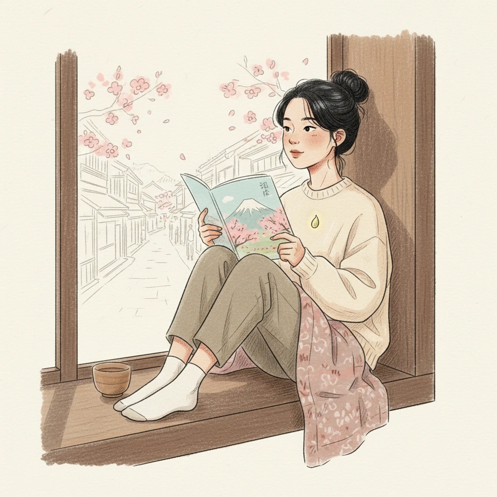 小雅坐在窗边，手里拿着一本画着富士山的旅游手册。她的目光穿透窗外，仿佛已经置身于樱花盛开的日本街头。心中对日本文化和语言的向往，像一颗小小的种子，悄然萌芽。
