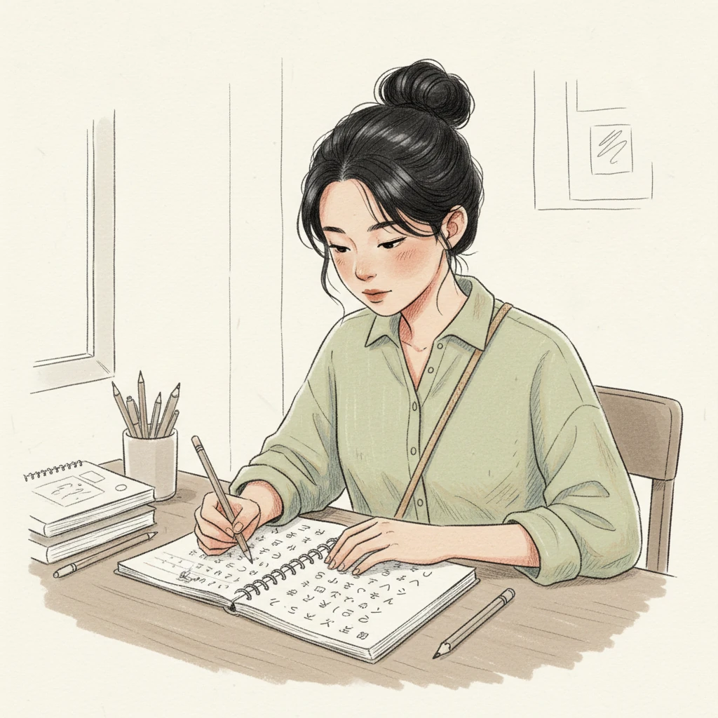 她下定决心，从最基础的五十音图开始。摊开的笔记本上，平假名和片假名的表格清晰可见。铅笔在纸上轻轻落下，她认真描摹着每一个假名，学习的旅程由此启程。