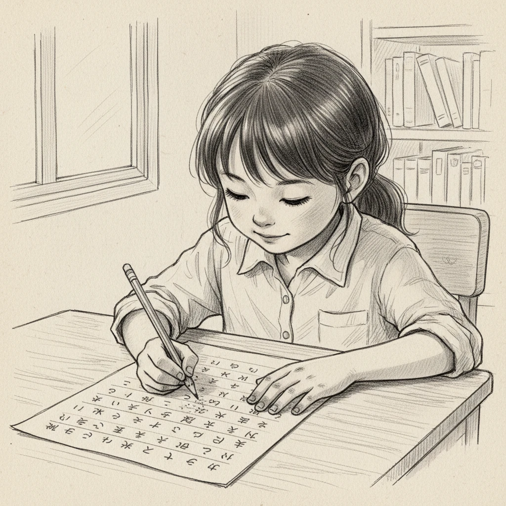 小雅全神贯注地练习着书写，笔尖沙沙作响。纸页上，一笔一划的平假名和片假名整齐排列，有些稚嫩，却充满了学习的热情。她的指尖沾着铅笔灰，脸上带着专注而满足的微笑。