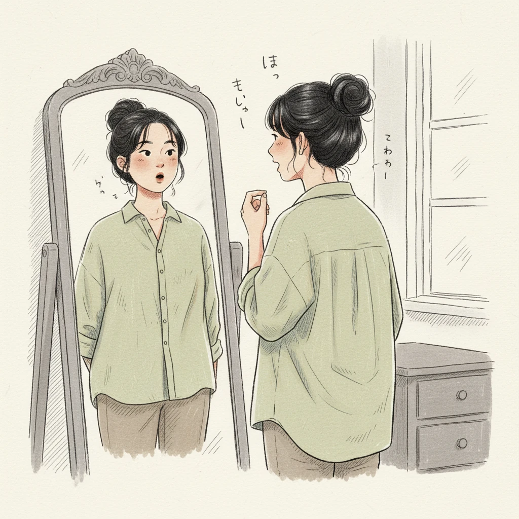 她开始尝试简单的问候语。对着镜子，小雅一遍又一遍地练习着“こんにちは”，声音从生涩到流畅。镜中的自己，仿佛是一位初次登台的小演员，充满期待。