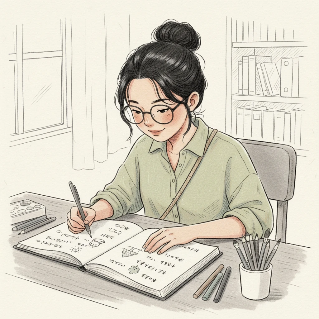 小雅的笔记本变得五彩斑斓，上面画满了各种小图案。每个图案旁边都写着对应的日语单词，这是她独创的记忆法。她用画笔和想象力，将抽象的词汇变得生动有趣。