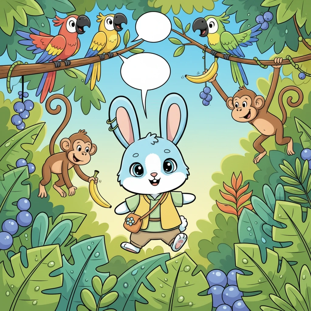 In the heart of a bustling, colorful jungle lived Rosie, a small rabbit with a big, calm heart. While parrots squawked and monkeys chattered, Rosie always moved with a gentle hop and a quiet smile. Her peaceful presence was a sweet contrast to the jungle's usual noisy hustle and bustle.