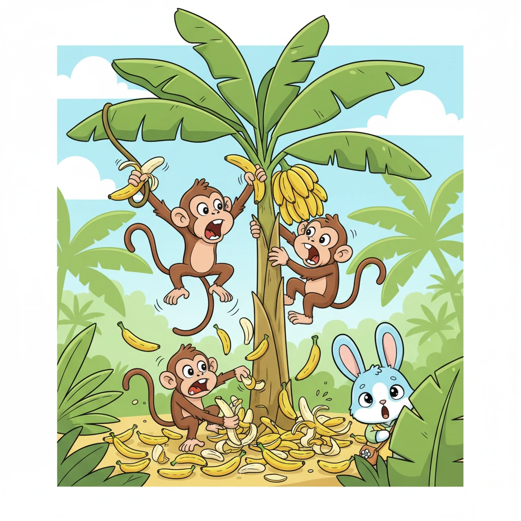 One sunny morning, chaos erupted near the tallest banana tree. A group of rowdy monkeys, led by cheeky Chimp, were squabbling fiercely over the juiciest bunch of bananas. Their loud screeches and frantic grabs sent bananas flying everywhere, creating a slippery, yellow mess on the jungle floor.