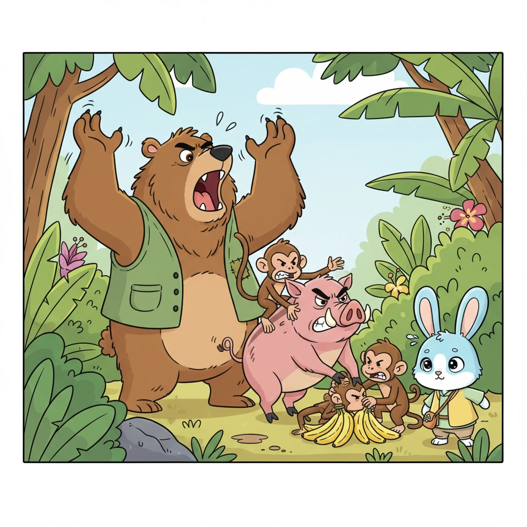 Hearing the ruckus, a grumpy Grizzly Bear and a bossy Boar rushed over, thinking they could fix things with their loud shouts. Grizzly roared at the monkeys to share, while Boar tried to push them apart with his snout. Their angry intervention only made the situation worse, turning the banana dispute into an even bigger, noisier tangle.