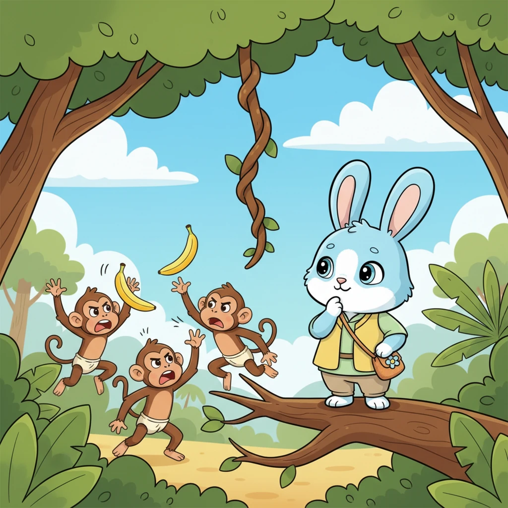 Rosie, watching from a safe distance, didn't shout or push. Instead, she quietly observed the flying bananas and the frustrated monkeys. A thoughtful twinkle appeared in her eye as she noticed a long, sturdy vine dangling nearby. She began to formulate a clever, peaceful plan.