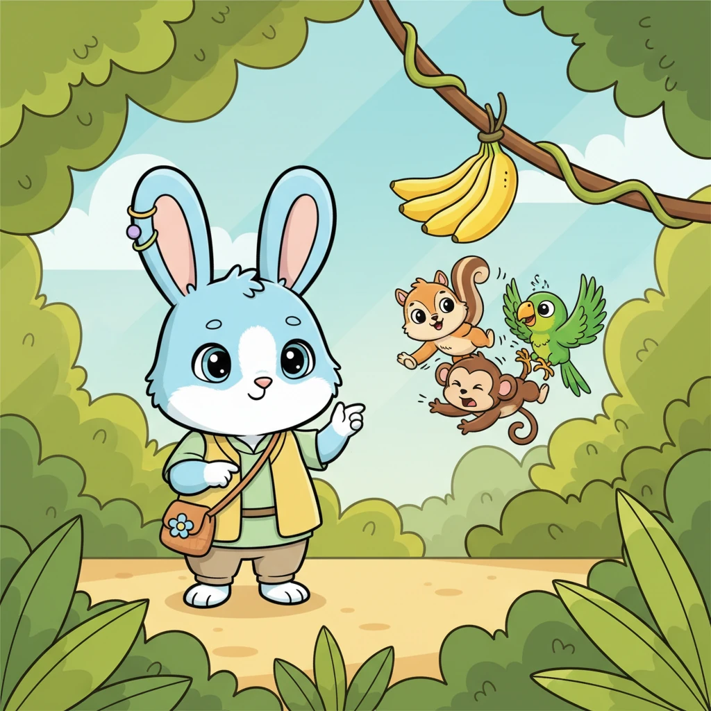 With soft steps, Rosie hopped closer to the commotion, her voice a gentle whisper amidst the pandemonium. "Excuse me, friends," she softly chirped, pointing to the vine. "What if we used this vine to gently lower the bananas, so everyone can have a turn without all the tumbling?"