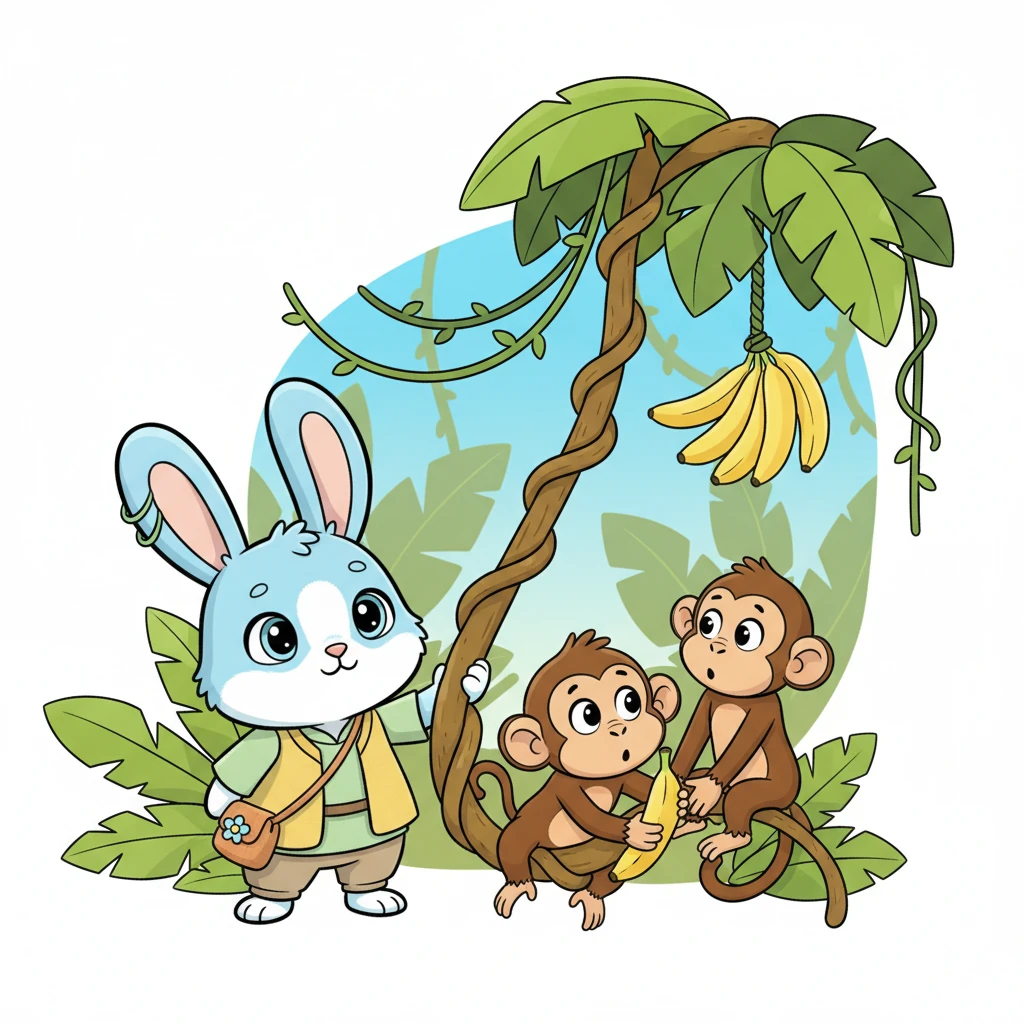 The monkeys, momentarily stunned by Rosie's calm suggestion, paused their squabble. Chimp, still clutching a banana, looked at Rosie, then at the vine, then at his fellow monkeys. He cautiously agreed to try her idea, and together, they carefully used the vine to retrieve the remaining bananas.