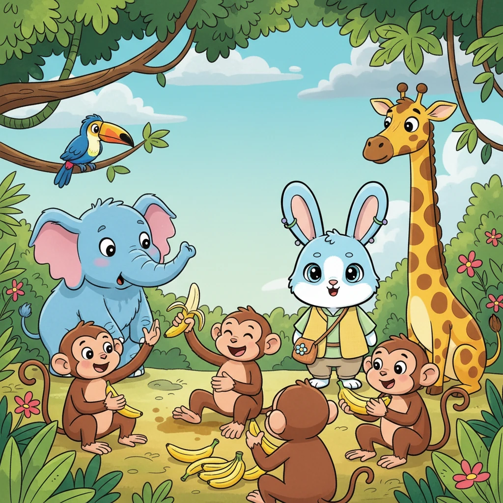 Soon, the monkeys were happily sharing their bananas, the mess was cleared, and the jungle returned to a cheerful hum. The other animals watched in awe, surprised that a simple, calm idea had worked wonders where their loud efforts had failed. But before long, new problems began to brew.