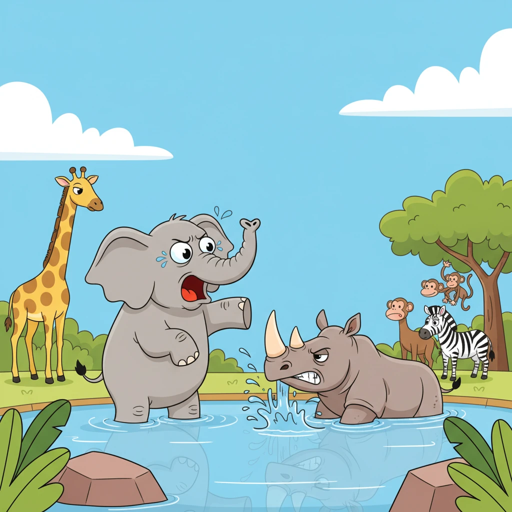 Later that afternoon, a mighty Elephant named Ellie and a stubborn Rhino named Rory were locked in a fierce argument over the main watering hole. Ellie trumpeted loudly about her turn, while Rory snorted and splashed, refusing to move. Their angry standoff prevented any other thirsty animals from getting a drink.